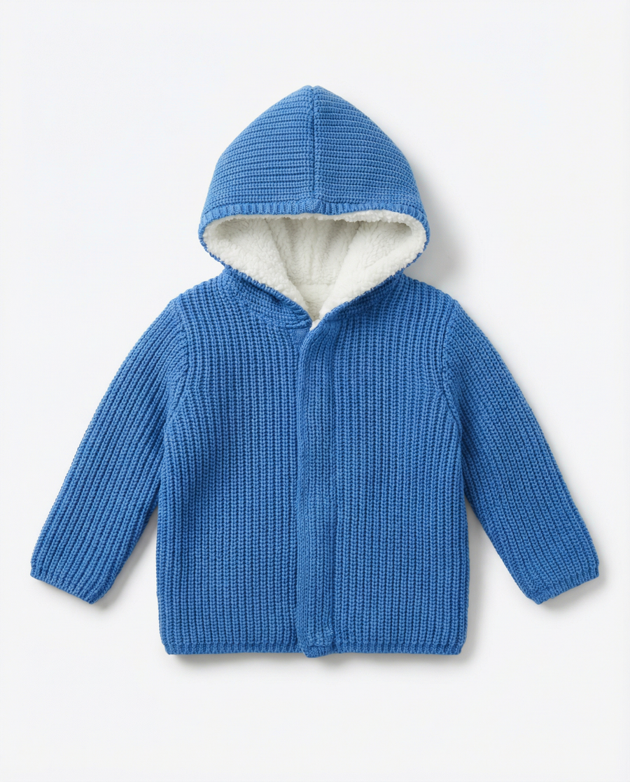 Baby Boy Chunky Knit Hooded Jacket with Sherpa Lining Teal Blue