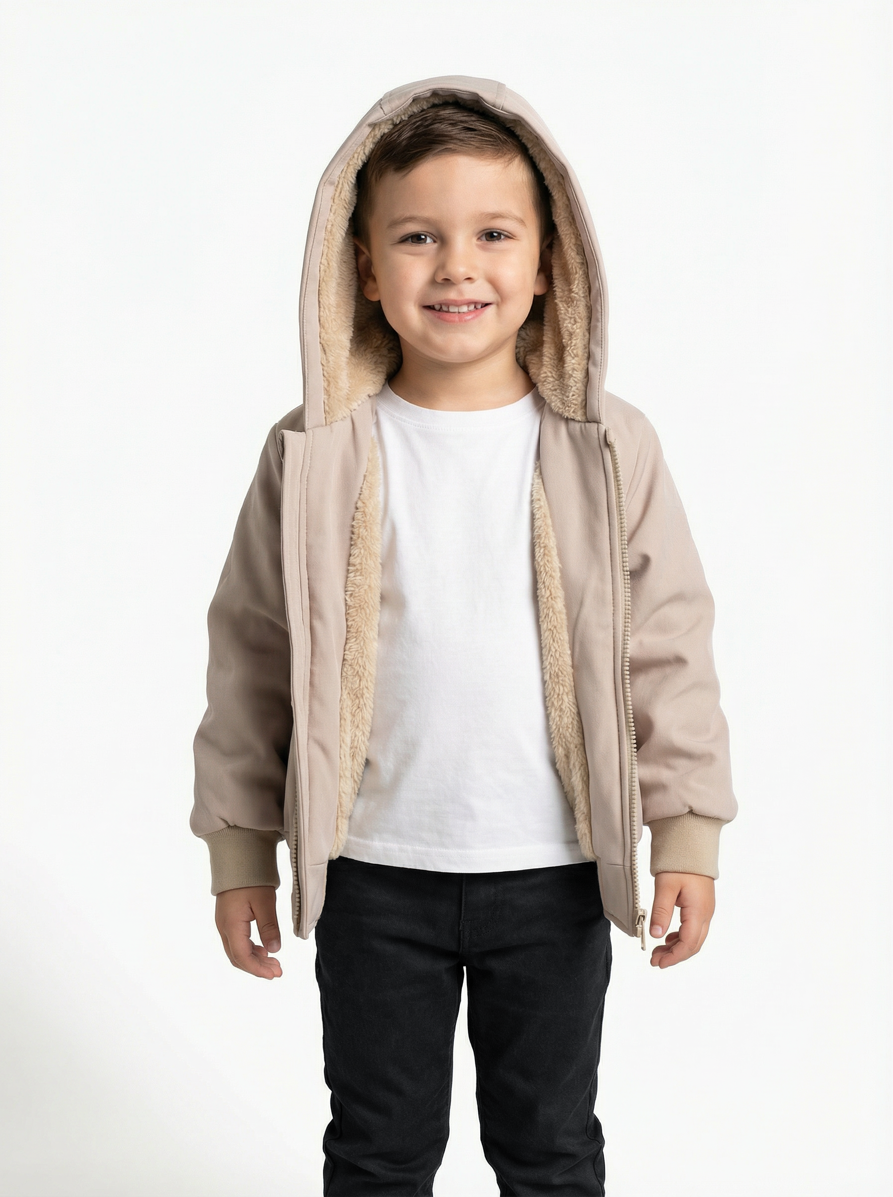Kids Fur-Lined Hooded Jacket – Beige | Water-Resistant Lightweight Outerwear