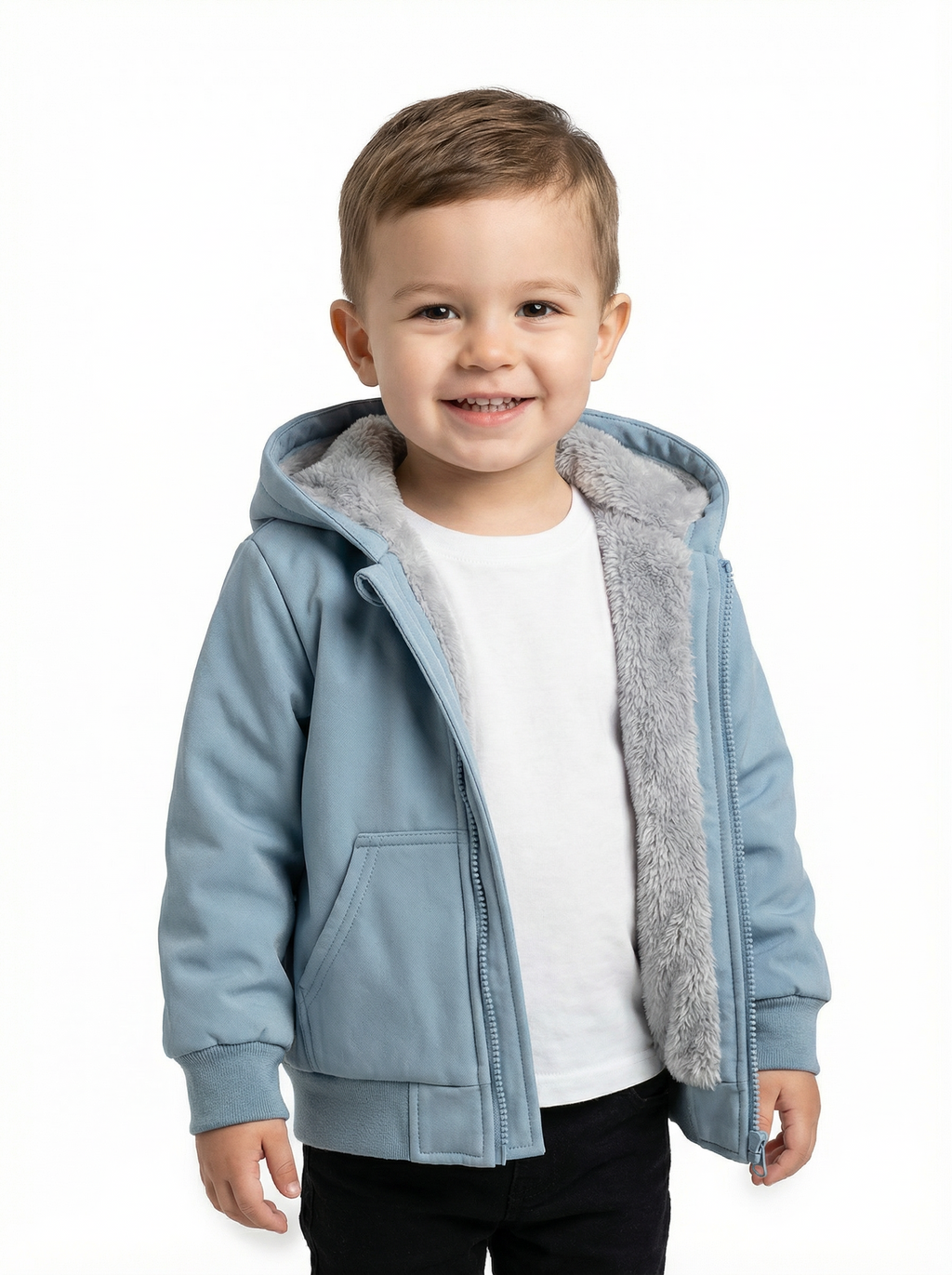 Boys Fur-Lined Hooded Jacket – Light Blue| Water-Resistant Fall & Spring Outerwear