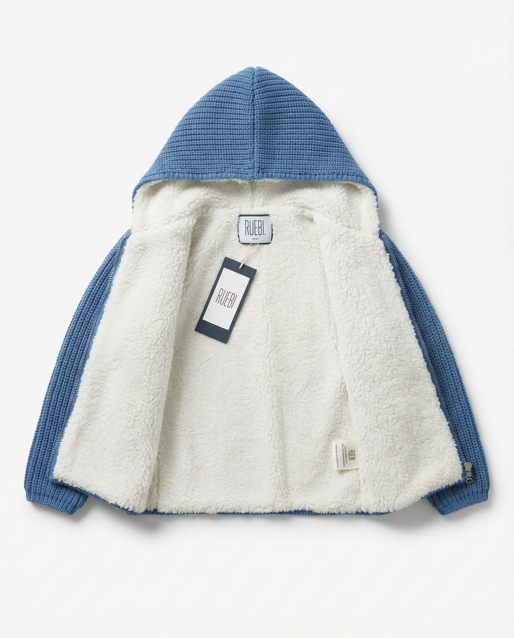 Baby Boy Chunky Knit Hooded Jacket with Sherpa Lining Teal Blue