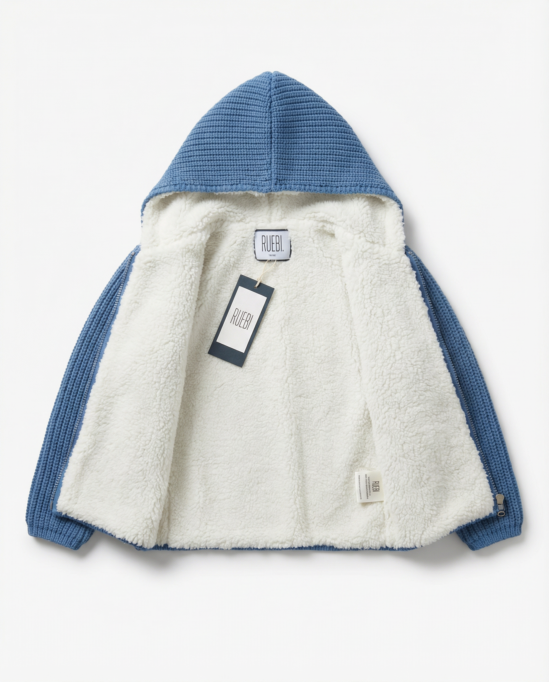Baby Boy Chunky Knit Hooded Jacket with Sherpa Lining Teal Blue