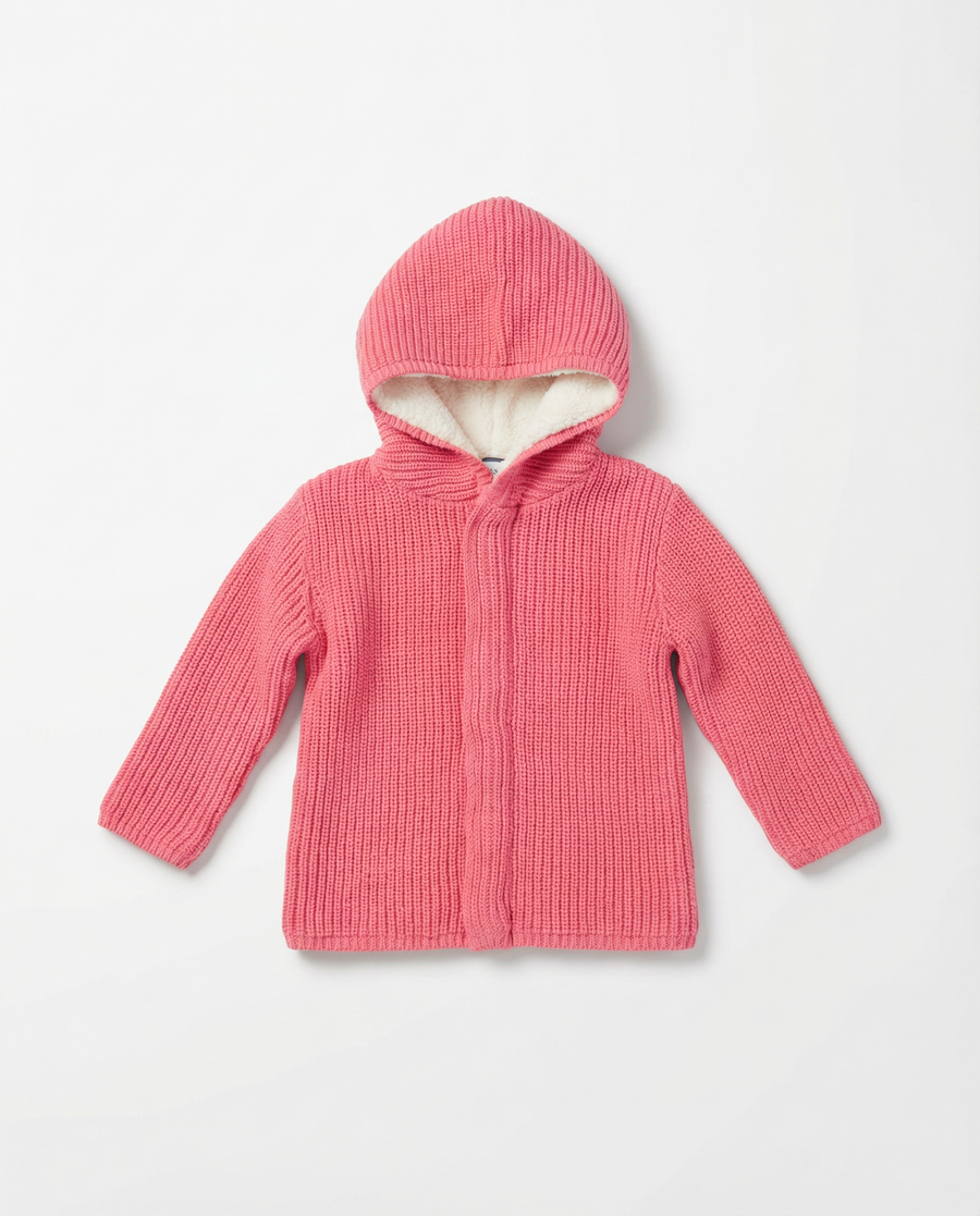 Baby Girl Chunky Knit Hooded Jacket with Sherpa Lining