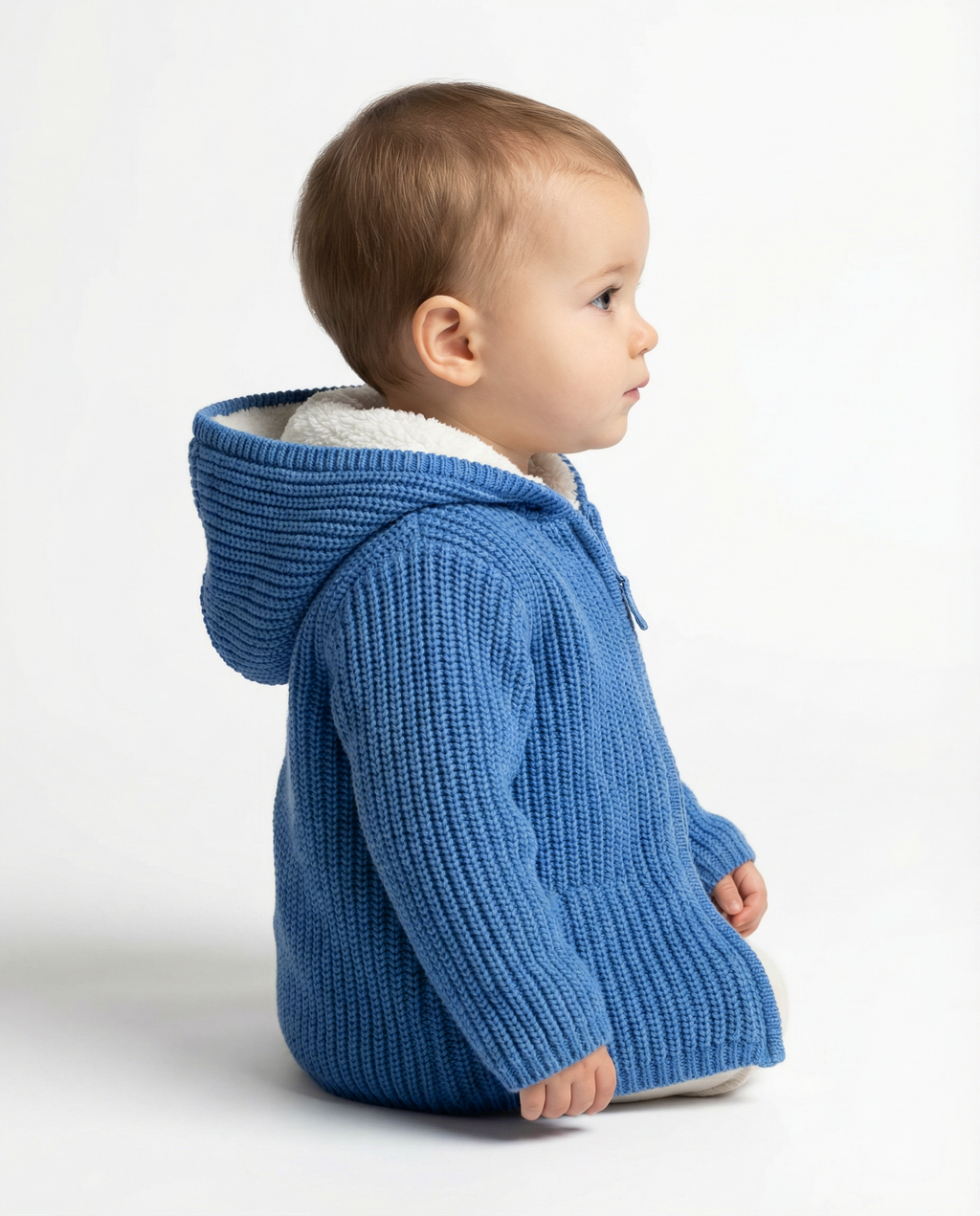 Baby Boy Chunky Knit Hooded Jacket with Sherpa Lining Teal Blue