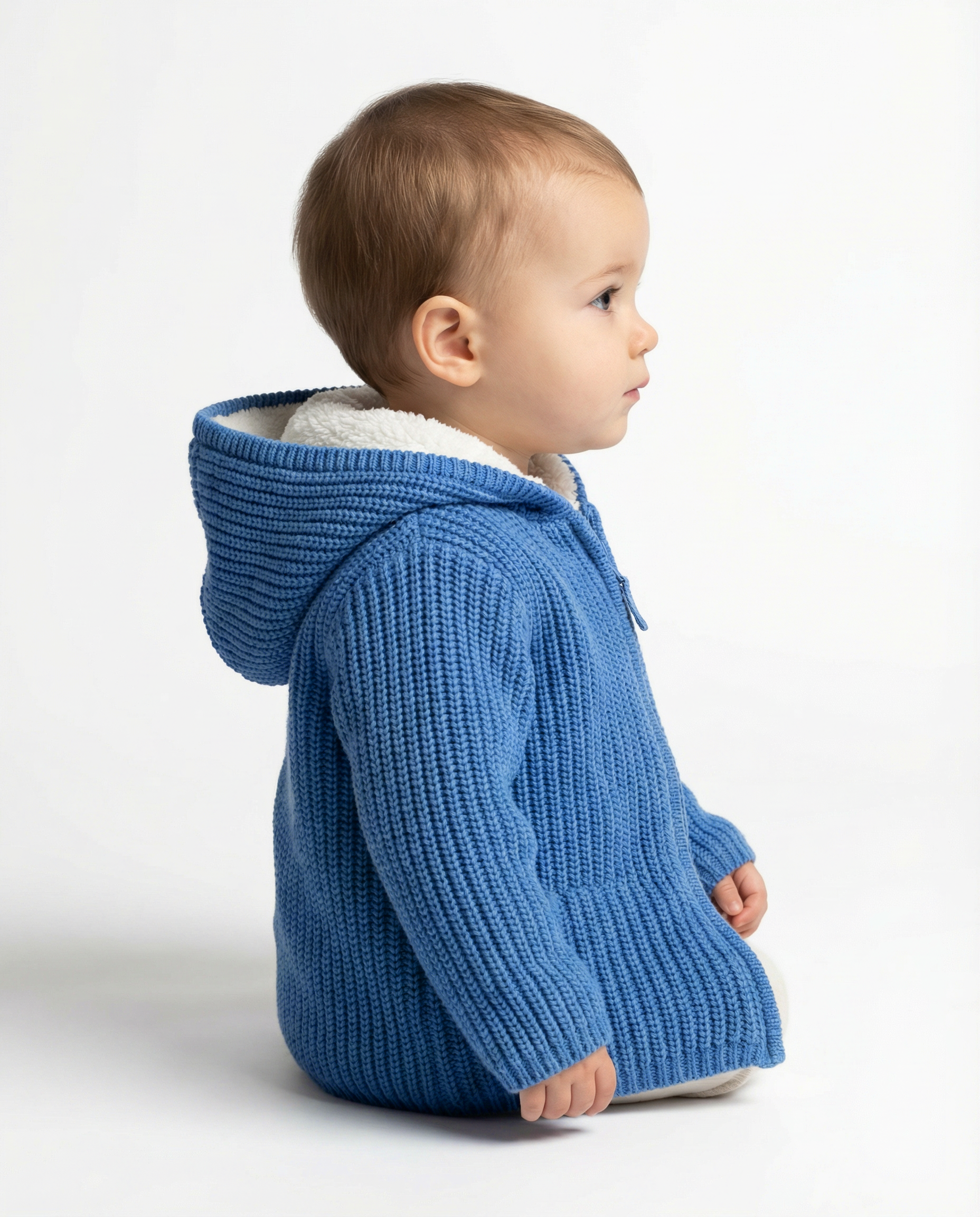Baby Boy Chunky Knit Hooded Jacket with Sherpa Lining Teal Blue