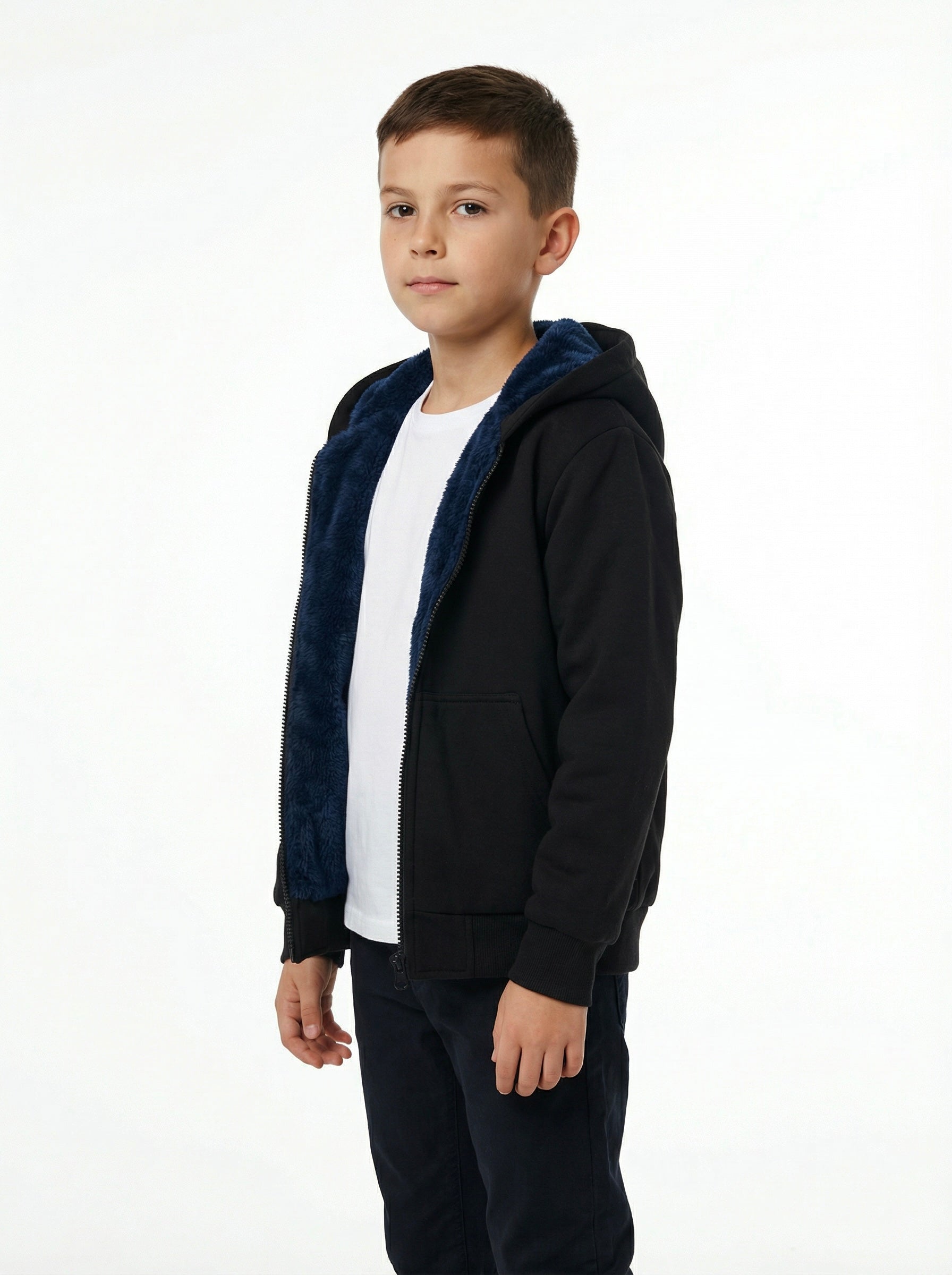 Unisex Kids Fur-Lined Hooded Jacket – Navy Faux Fur Lining | Water-Resistant Lightweight Jacket