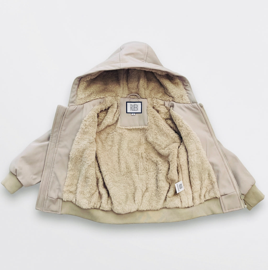 Kids Fur-Lined Hooded Jacket – Beige | Water-Resistant Lightweight Outerwear