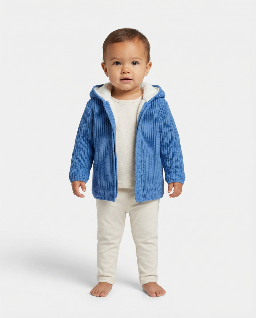 Baby Boy Chunky Knit Hooded Jacket with Sherpa Lining Teal Blue