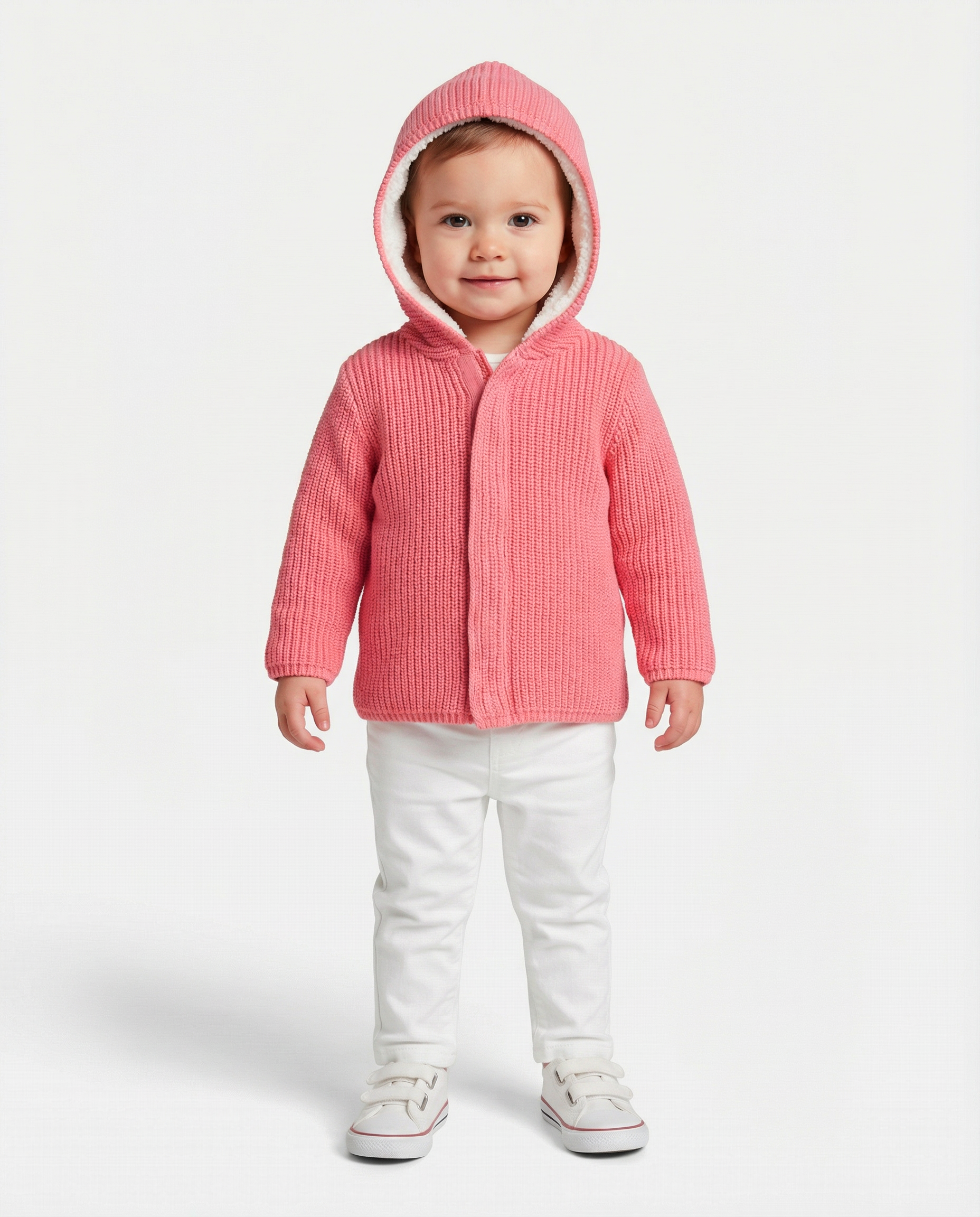 Baby Girl Chunky Knit Hooded Jacket with Sherpa Lining