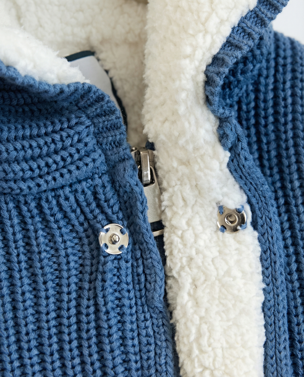 Baby Boy Chunky Knit Hooded Jacket with Sherpa Lining Teal Blue