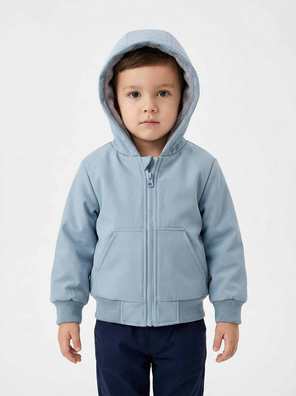 Boys Fur-Lined Hooded Jacket – Light Blue| Water-Resistant Fall & Spring Outerwear