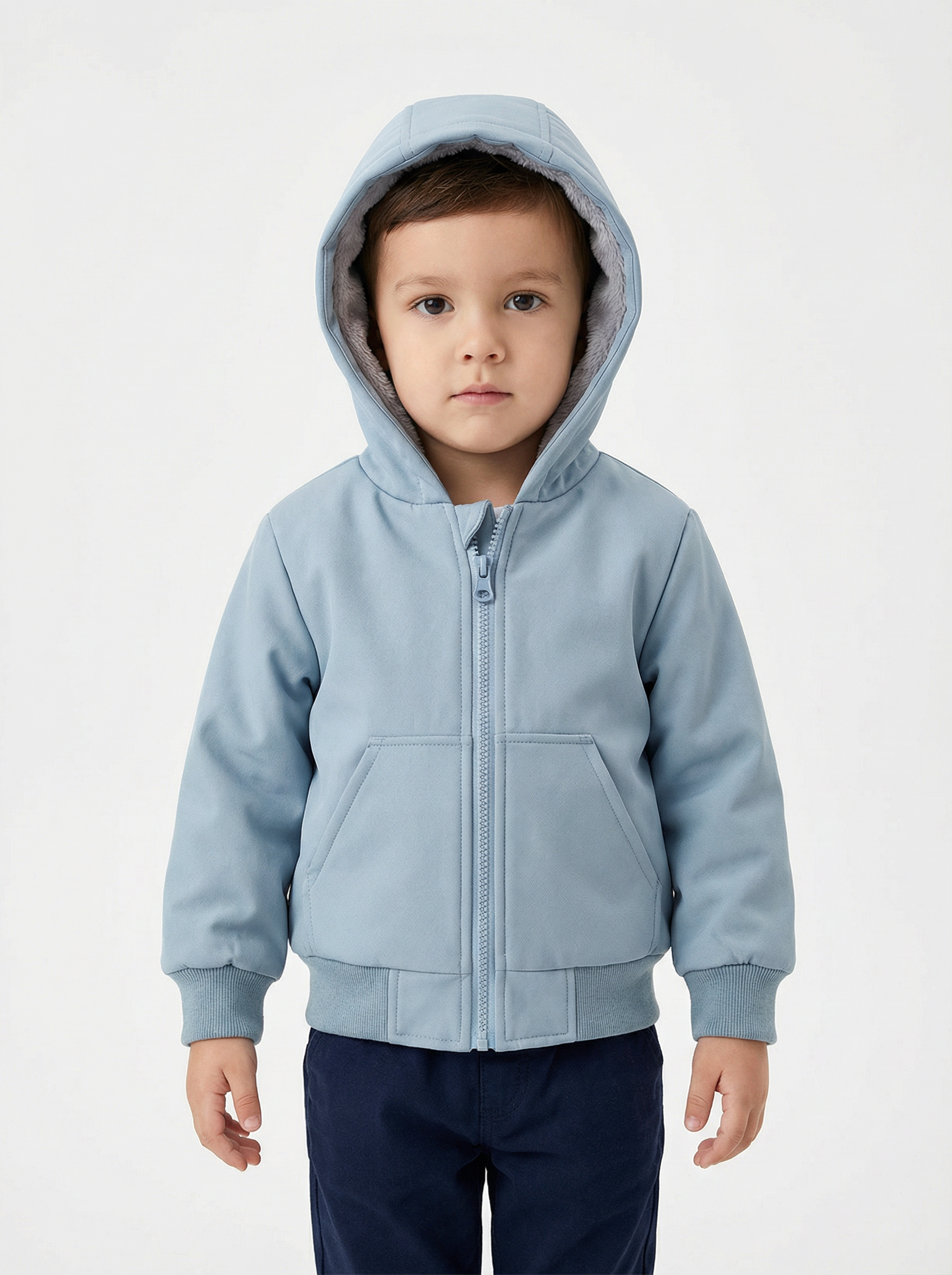 Boys Fur-Lined Hooded Jacket – Light Blue| Water-Resistant Fall & Spring Outerwear