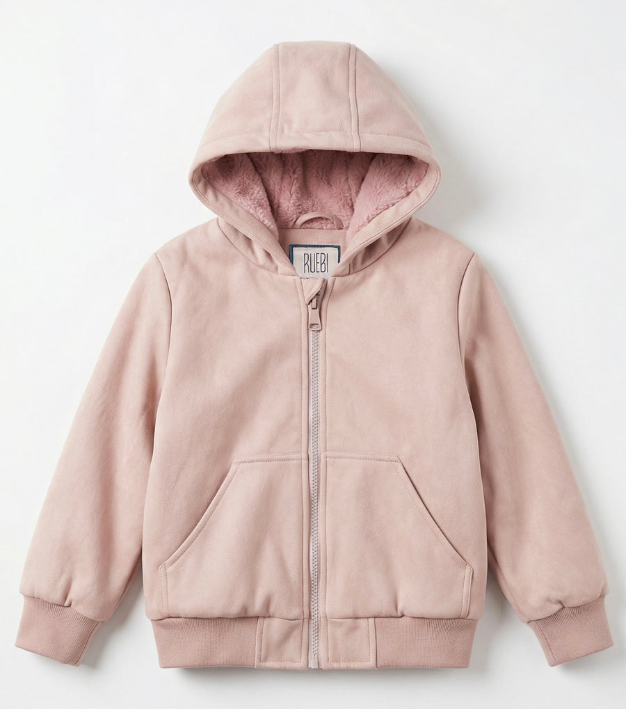 Girls Fur-Lined Hooded Jacket – Pink | Water-Resistant Fall & Spring Outerwear