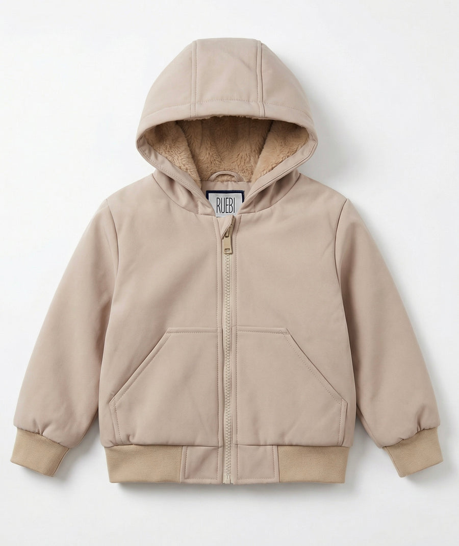 Kids Fur-Lined Hooded Jacket – Beige | Water-Resistant Lightweight Outerwear